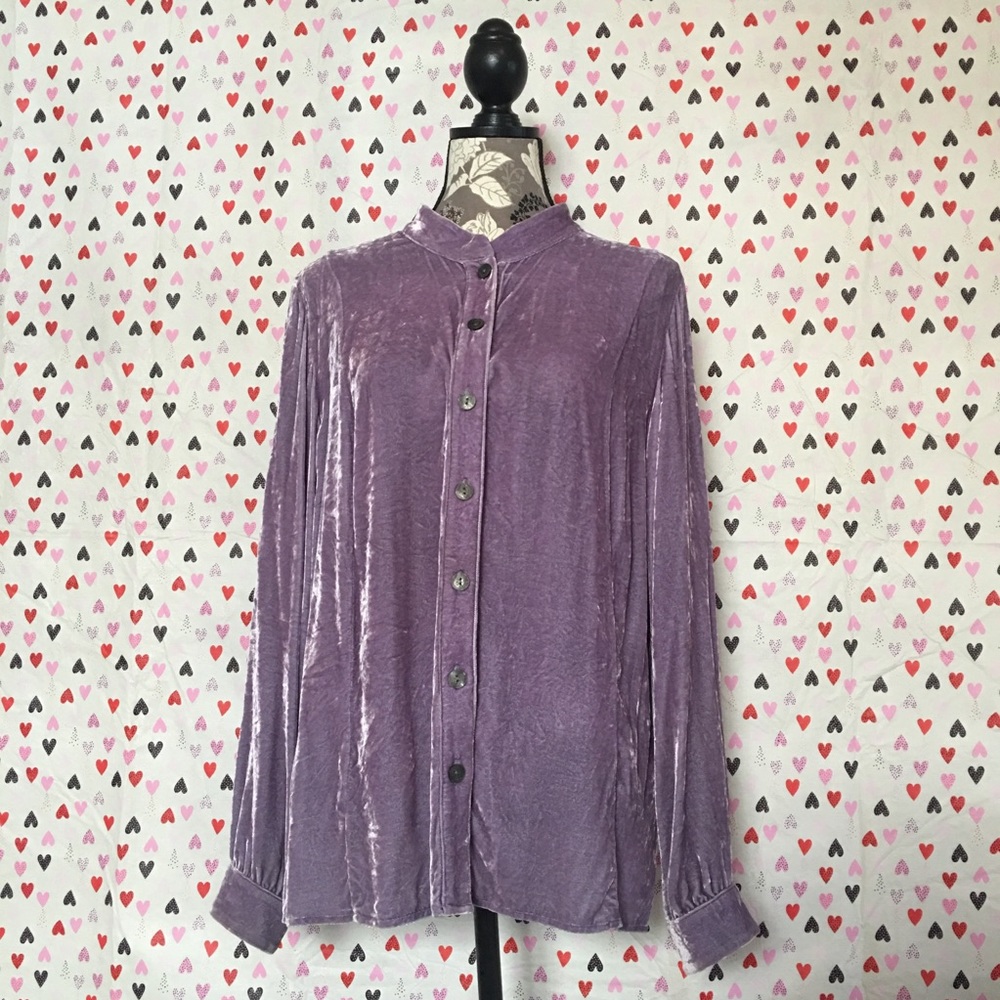 Lilac velvet mandarin collar button down